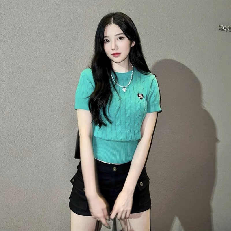 韓國callmebaby針織衫 上衣 T恤 糖果多巴愛心刺繡螺紋麻花純棉短袖 好氣質百搭-細節圖3