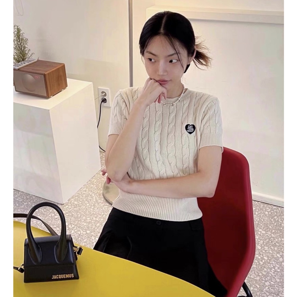 韓國callmebaby針織衫 上衣 T恤 糖果多巴愛心刺繡螺紋麻花純棉短袖 好氣質百搭-細節圖4