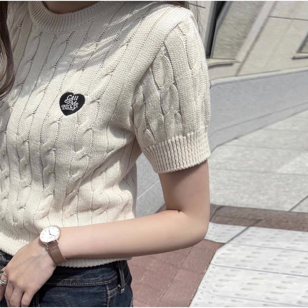 韓國callmebaby針織衫 上衣 T恤 糖果多巴愛心刺繡螺紋麻花純棉短袖 好氣質百搭-細節圖5