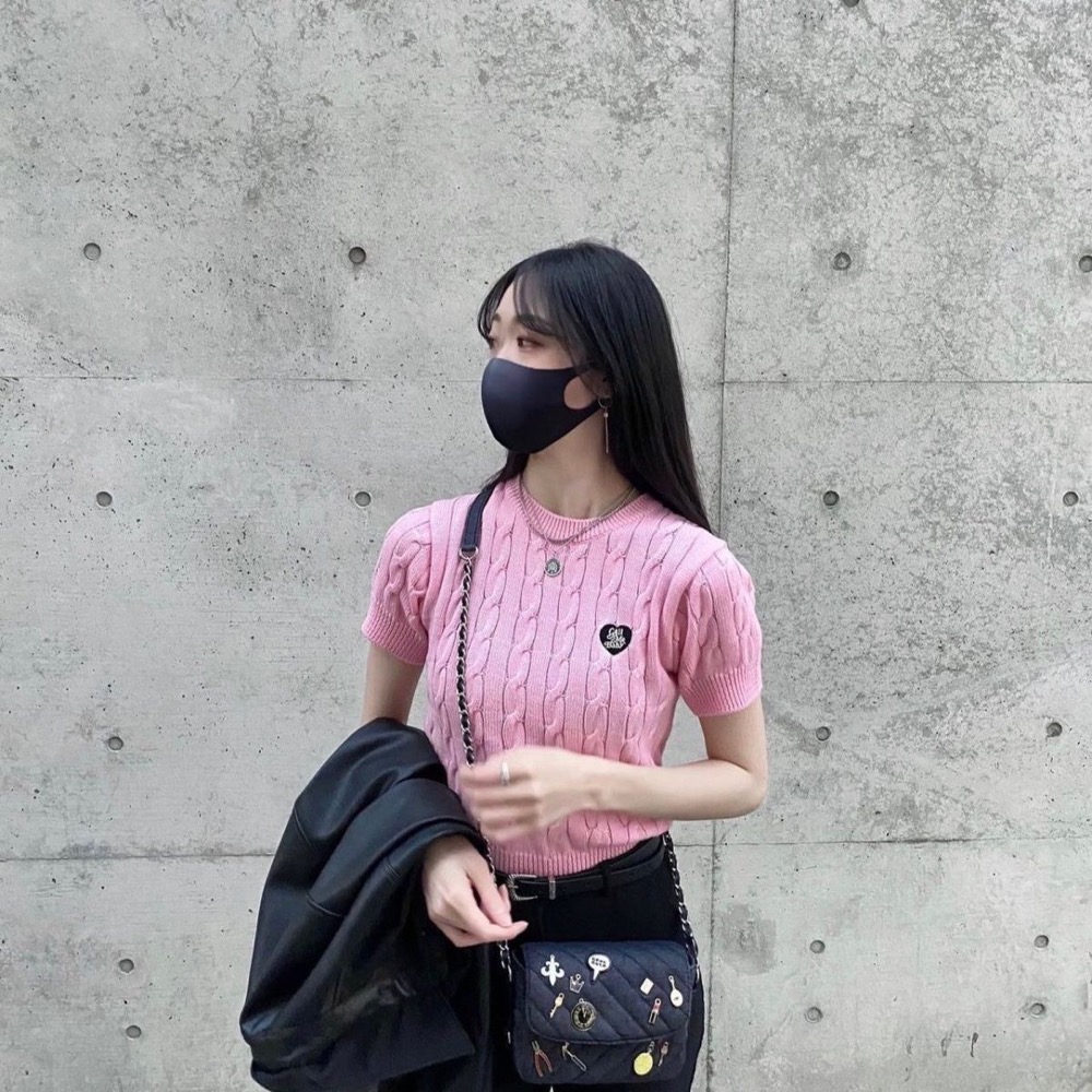 韓國callmebaby針織衫 上衣 T恤 糖果多巴愛心刺繡螺紋麻花純棉短袖 好氣質百搭-細節圖6