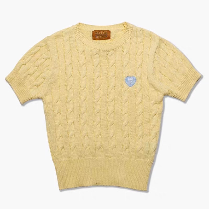 韓國callmebaby針織衫 上衣 T恤 糖果多巴愛心刺繡螺紋麻花純棉短袖 好氣質百搭-細節圖11