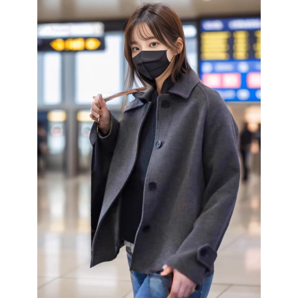 王菲機場外套 灰色羊毛短版大衣女 翻領韓版寬松毛呢外套 永恆不退流行的款式 好氣質文青  您願等，我就以微薄代購費幫您買-細節圖3