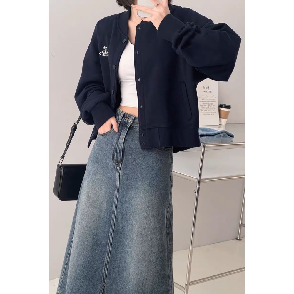 Vivienne Westwood 外套 棒球外套 夾克 上衣 美式復古~土星龜裂塗鴉設計 寬松棒球衛衣外套開襟衫  ✔️-細節圖3