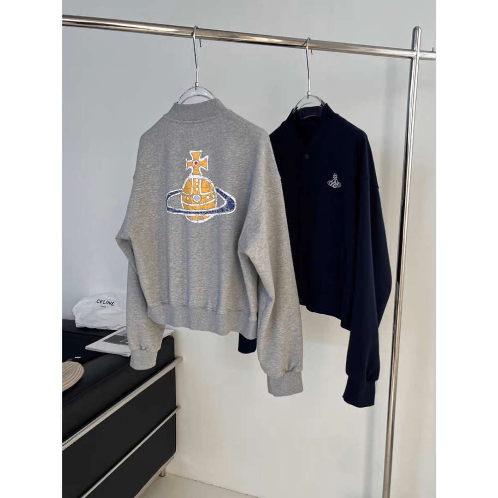 Vivienne Westwood 外套 棒球外套 夾克 上衣 美式復古~土星龜裂塗鴉設計 寬松棒球衛衣外套開襟衫  ✔️-細節圖5