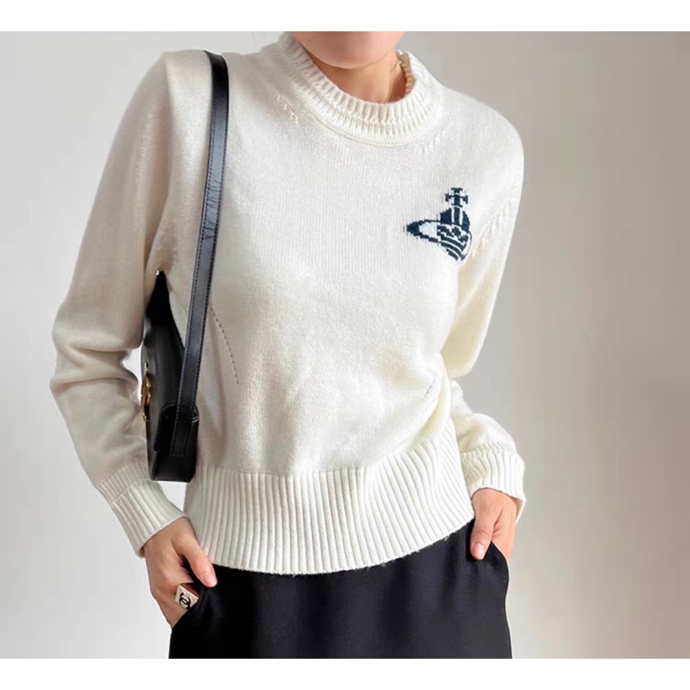 氣質系針織衫Vivienne Westwood 上衣 土星提花修身針織 吸睛撞色！日常氛圍感穿搭 時尚羊毛圓領套頭針織毛-細節圖4