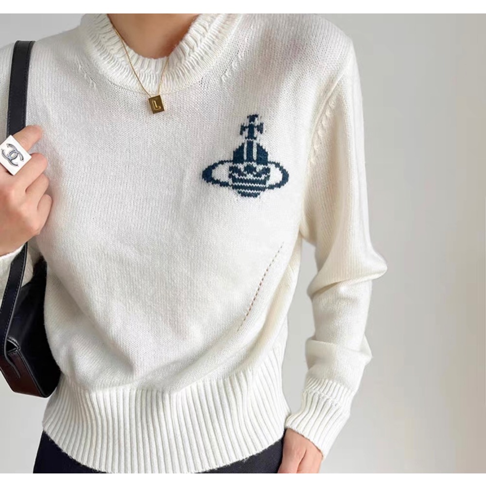 氣質系針織衫Vivienne Westwood 上衣 土星提花修身針織 吸睛撞色！日常氛圍感穿搭 時尚羊毛圓領套頭針織毛-細節圖6