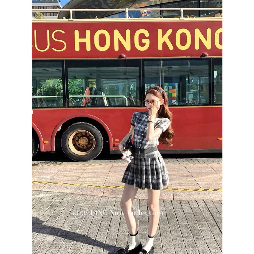 RL polo 套裝 短裙 針織衫 上衣 學院風刺繡格紋圓領針織短袖套裝 減齡百搭短裙兩件套 清爽有氣質-細節圖2