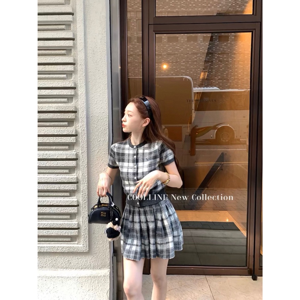 RL polo 套裝 短裙 針織衫 上衣 學院風刺繡格紋圓領針織短袖套裝 減齡百搭短裙兩件套 清爽有氣質-細節圖3