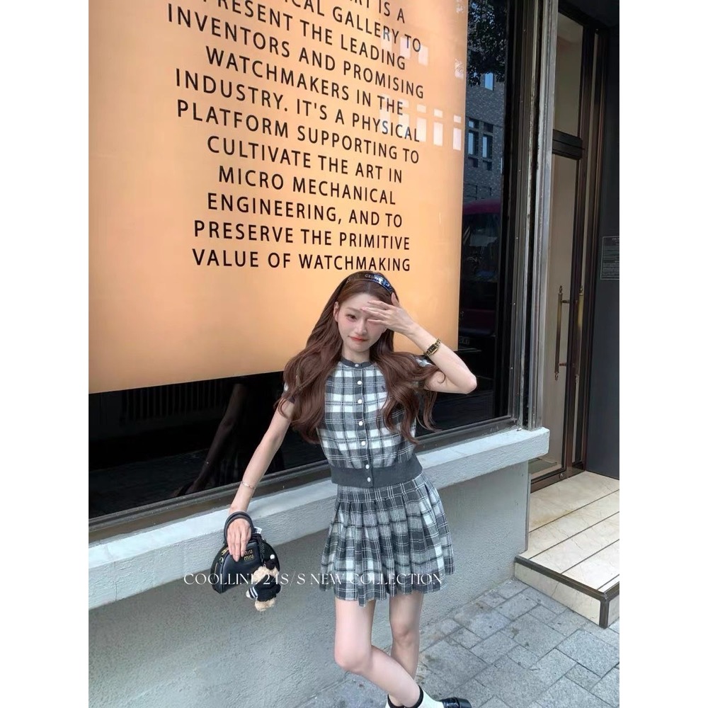 RL polo 套裝 短裙 針織衫 上衣 學院風刺繡格紋圓領針織短袖套裝 減齡百搭短裙兩件套 清爽有氣質-細節圖5