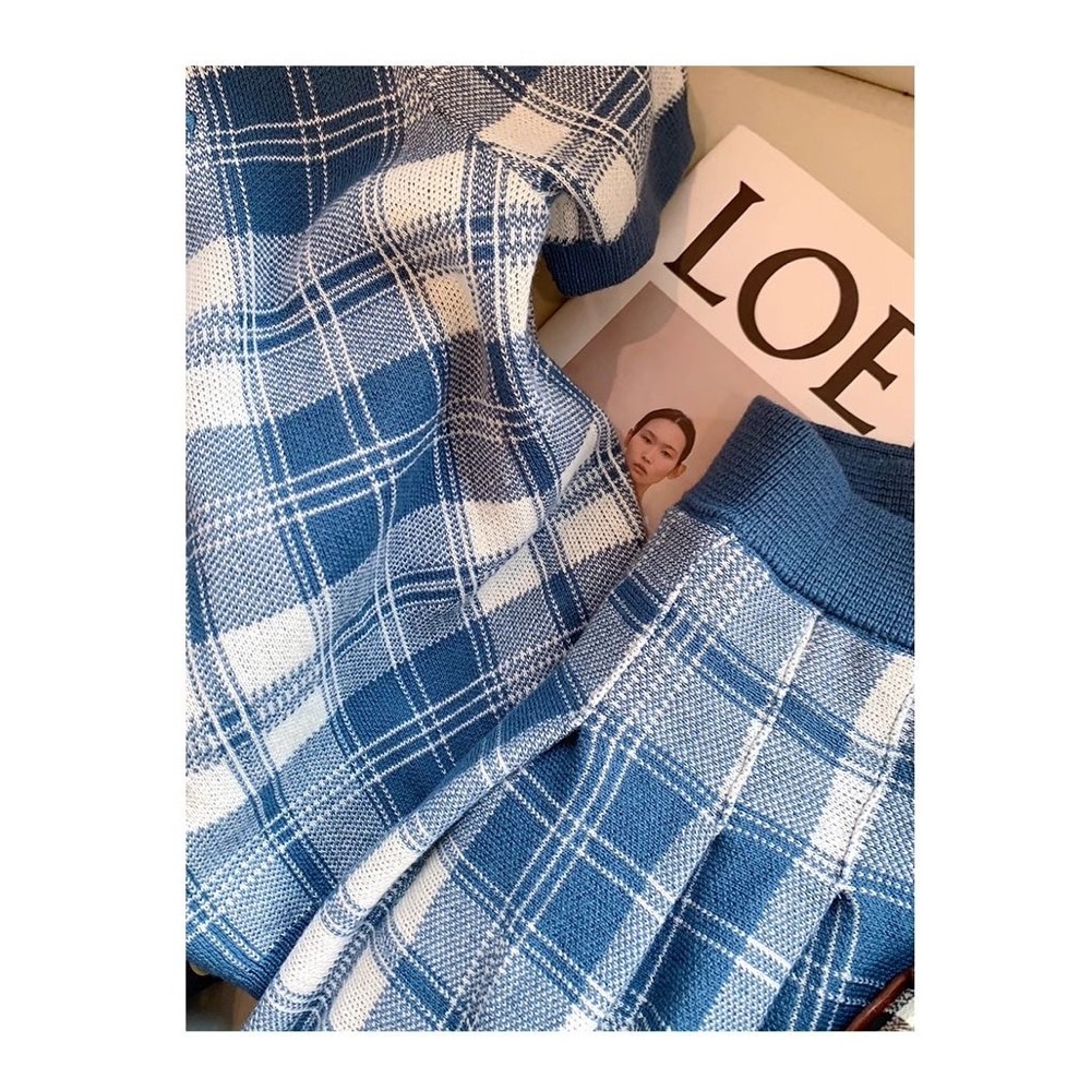 RL polo 套裝 短裙 針織衫 上衣 學院風刺繡格紋圓領針織短袖套裝 減齡百搭短裙兩件套 清爽有氣質-細節圖7
