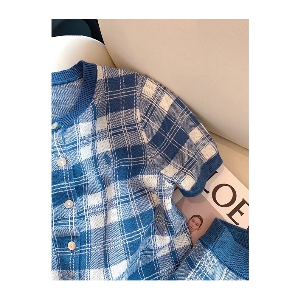 RL polo 套裝 短裙 針織衫 上衣 學院風刺繡格紋圓領針織短袖套裝 減齡百搭短裙兩件套 清爽有氣質-細節圖8
