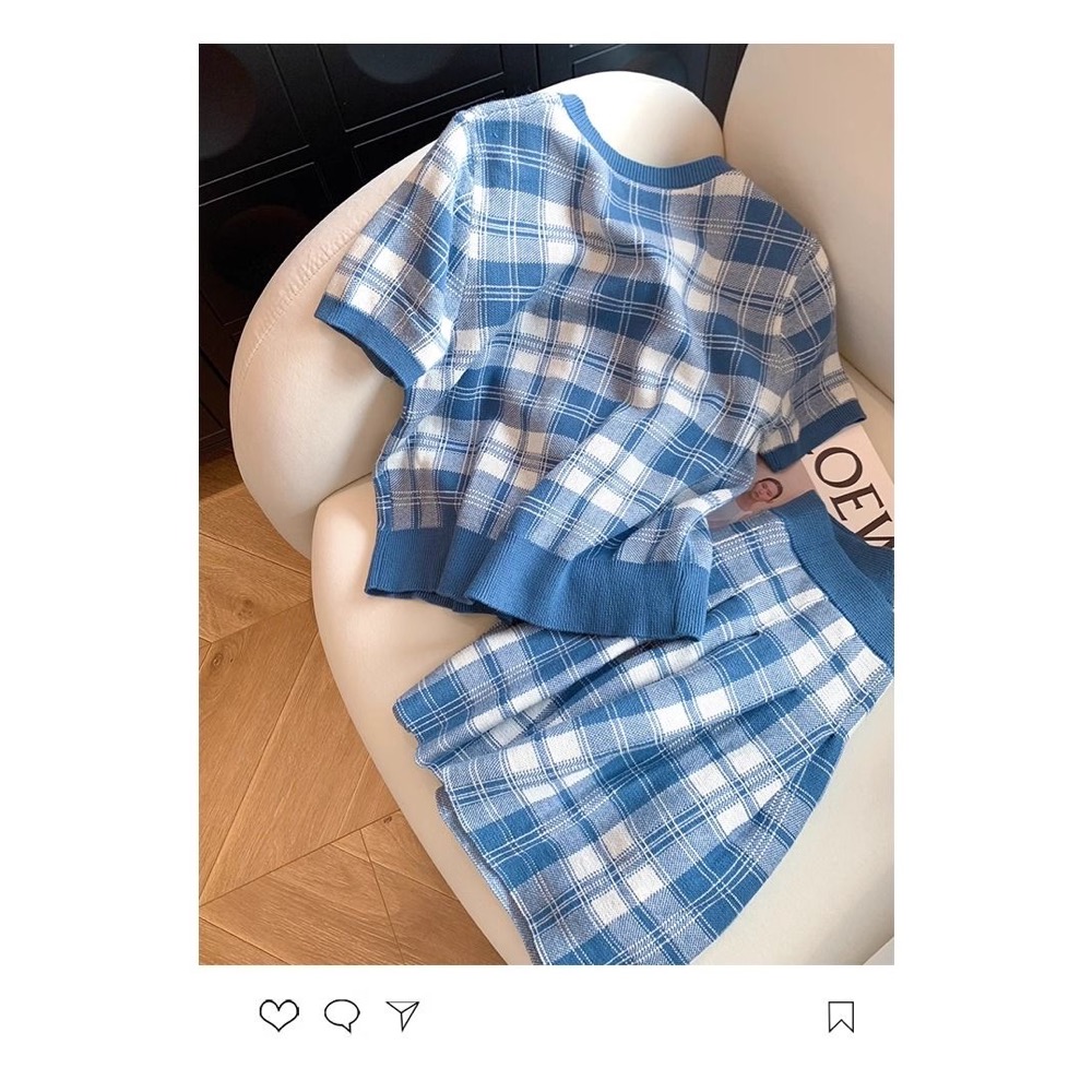 RL polo 套裝 短裙 針織衫 上衣 學院風刺繡格紋圓領針織短袖套裝 減齡百搭短裙兩件套 清爽有氣質-細節圖10