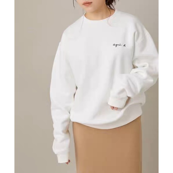Agnes b. 長袖T恤 上衣 大學 T恤 PALEESIJA 刺繡小字母草寫  圓領長袖衛衣 加絨舒適溫柔 氣質百搭-細節圖3