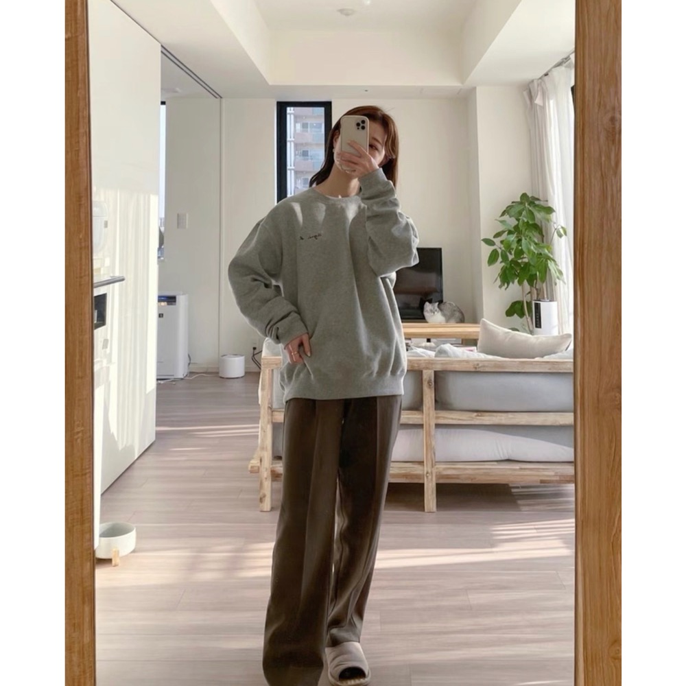 Agnes b. 長袖T恤 上衣 大學 T恤 PALEESIJA 刺繡小字母草寫  圓領長袖衛衣 加絨舒適溫柔 氣質百搭-細節圖5