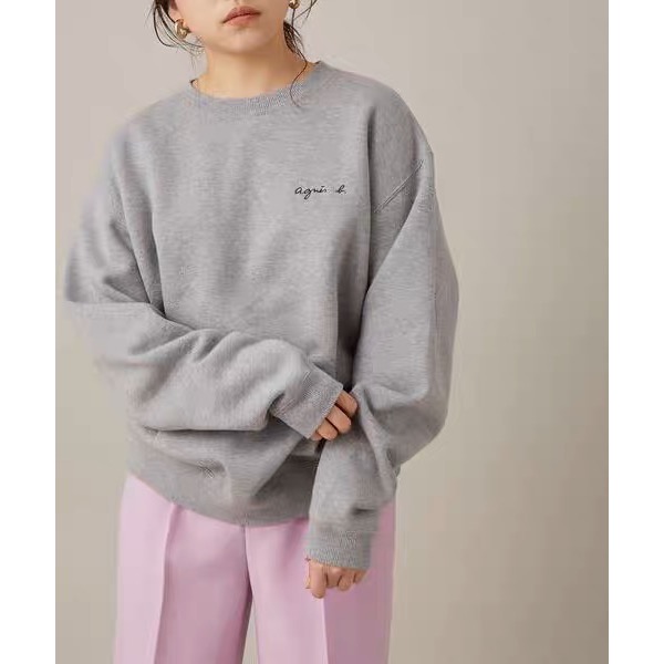 Agnes b. 長袖T恤 上衣 大學 T恤 PALEESIJA 刺繡小字母草寫  圓領長袖衛衣 加絨舒適溫柔 氣質百搭-細節圖6