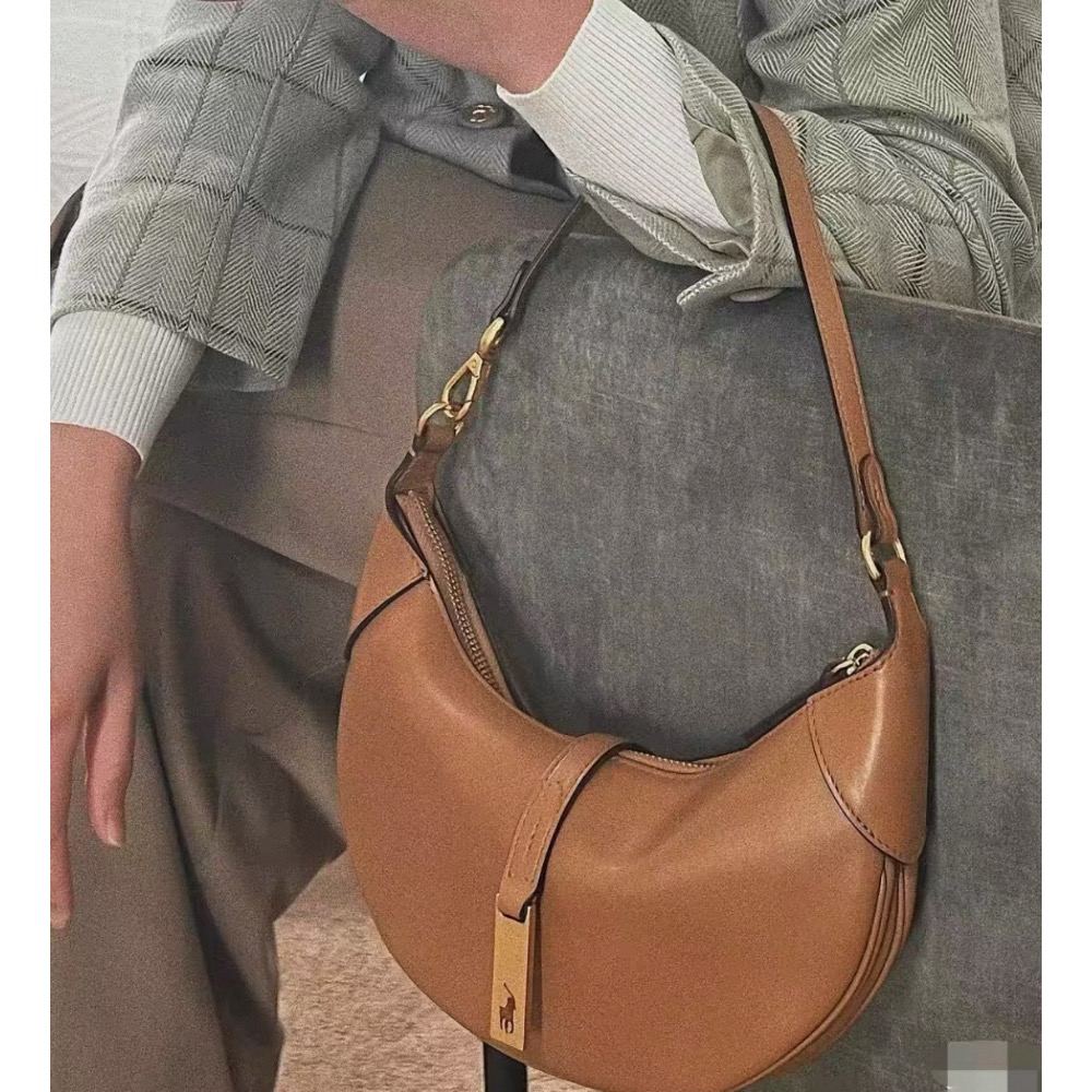 RL polo 腋下包 真皮包 手提肩背包 牛皮大包，Polo ID系列可頌包 磨砂真皮包 月牙包 高級復古麂皮絨 單肩-細節圖2