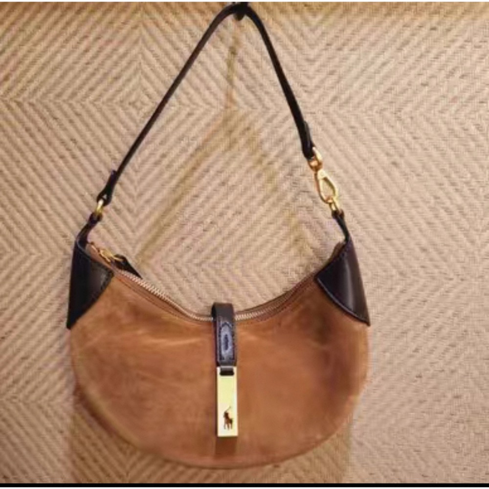 RL polo 腋下包 真皮包 手提肩背包 牛皮大包，Polo ID系列可頌包 磨砂真皮包 月牙包 高級復古麂皮絨 單肩-細節圖4