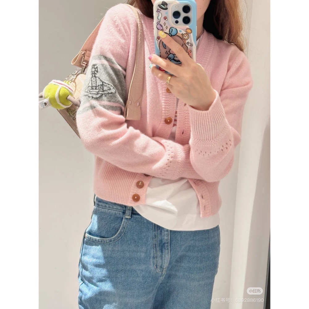 Vivienne Westwood 外套 土星撞色 V領顯瘦針織外套 小外套 羊毛開襟衫 學院風穿搭 穿搭必備 灰色 粉-細節圖2