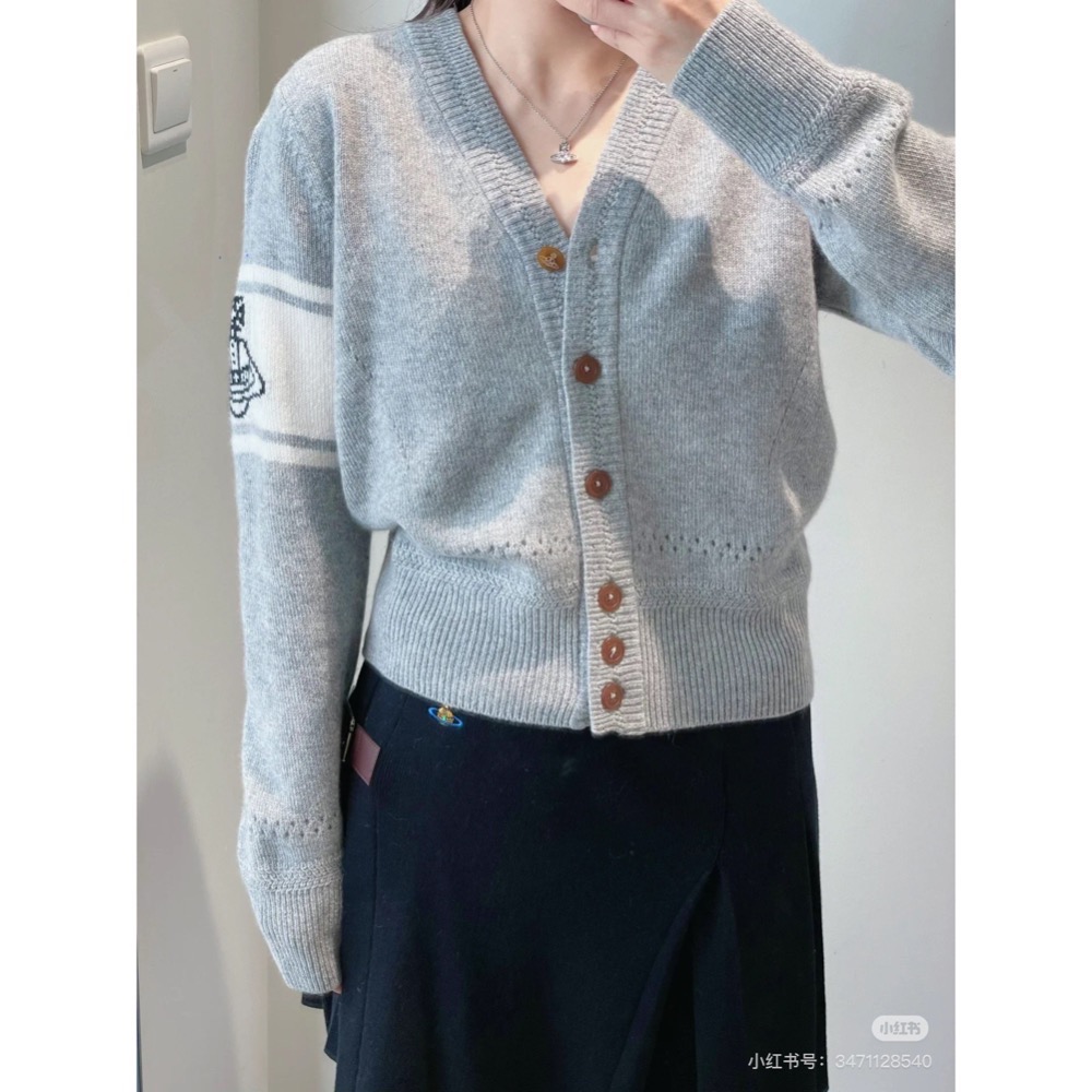 Vivienne Westwood 外套 土星撞色 V領顯瘦針織外套 小外套 羊毛開襟衫 學院風穿搭 穿搭必備 灰色 粉-細節圖5