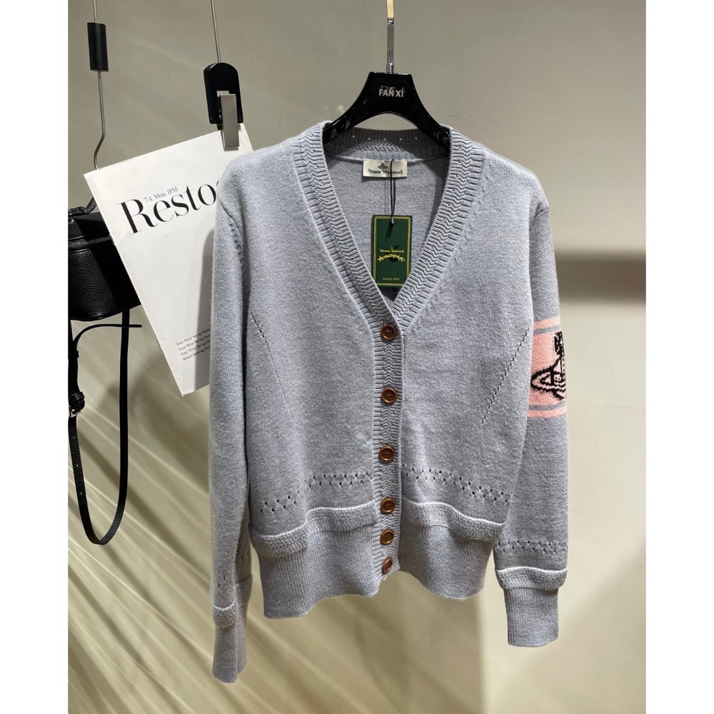 Vivienne Westwood 外套 土星撞色 V領顯瘦針織外套 小外套 羊毛開襟衫 學院風穿搭 穿搭必備 灰色 粉-細節圖6