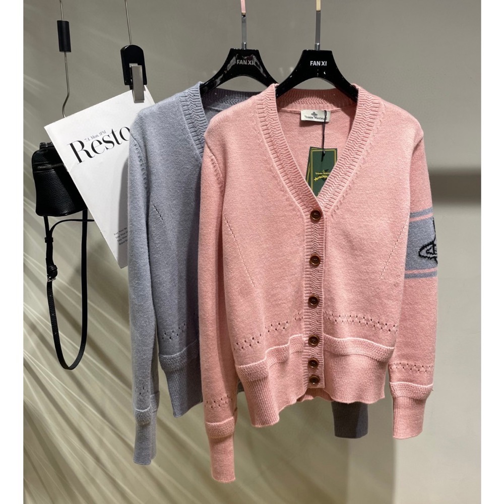 Vivienne Westwood 外套 土星撞色 V領顯瘦針織外套 小外套 羊毛開襟衫 學院風穿搭 穿搭必備 灰色 粉-細節圖8
