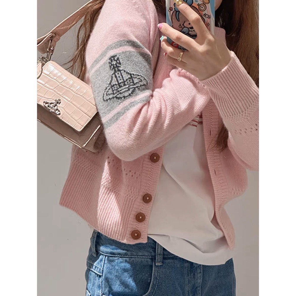 Vivienne Westwood 外套 土星撞色 V領顯瘦針織外套 小外套 羊毛開襟衫 學院風穿搭 穿搭必備 灰色 粉-細節圖9