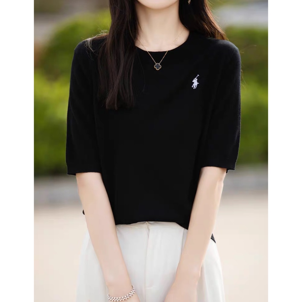 RL polo 針織衫 T恤 上衣 鄂爾多斯產100純桑蠶絲刺繡t恤 短袖上衣 圓領針織衫 修身 顏色都好美！四季款百搭-細節圖5