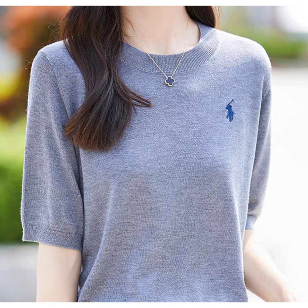 RL polo 針織衫 T恤 上衣 鄂爾多斯產100純桑蠶絲刺繡t恤 短袖上衣 圓領針織衫 修身 顏色都好美！四季款百搭-細節圖6