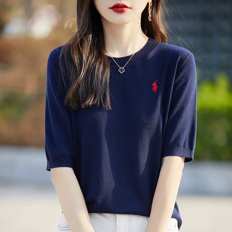 RL polo 針織衫 T恤 上衣 鄂爾多斯產100純桑蠶絲刺繡t恤 短袖上衣 圓領針織衫 修身 顏色都好美！四季款百搭-細節圖7