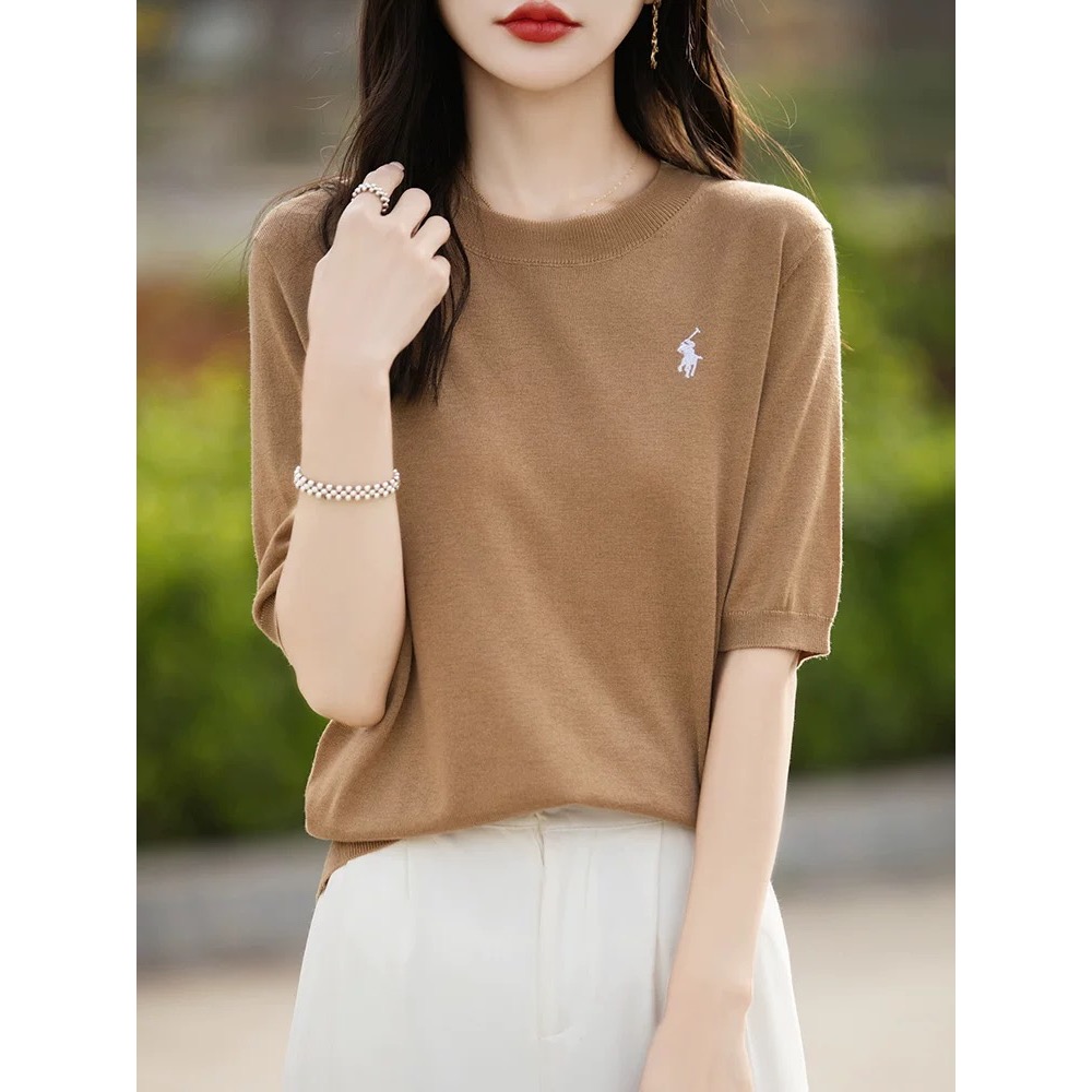 RL polo 針織衫 T恤 上衣 鄂爾多斯產100純桑蠶絲刺繡t恤 短袖上衣 圓領針織衫 修身 顏色都好美！四季款百搭-細節圖8