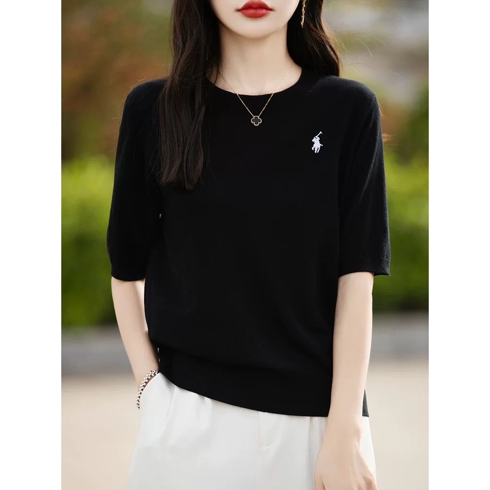 RL polo 針織衫 T恤 上衣 鄂爾多斯產100純桑蠶絲刺繡t恤 短袖上衣 圓領針織衫 修身 顏色都好美！四季款百搭-細節圖9