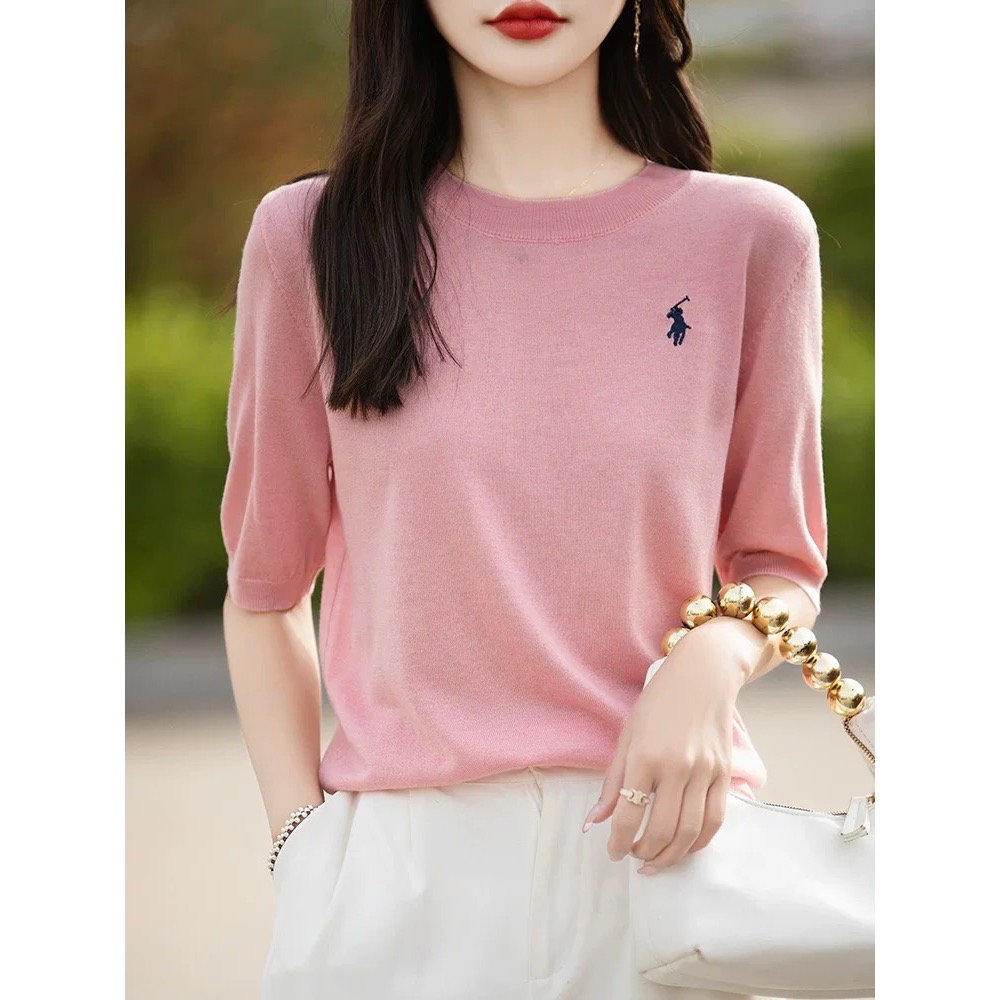 RL polo 針織衫 T恤 上衣 鄂爾多斯產100純桑蠶絲刺繡t恤 短袖上衣 圓領針織衫 修身 顏色都好美！四季款百搭-細節圖10