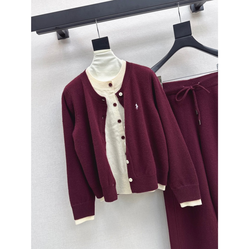 RL polo 套裝 針織外套 長褲 闊腿褲 休閒褲 清爽有氣質 慵懶羊毛套裝 假兩件經典刺繡針織開衫+鬆緊腰闊腿褲 百-細節圖2