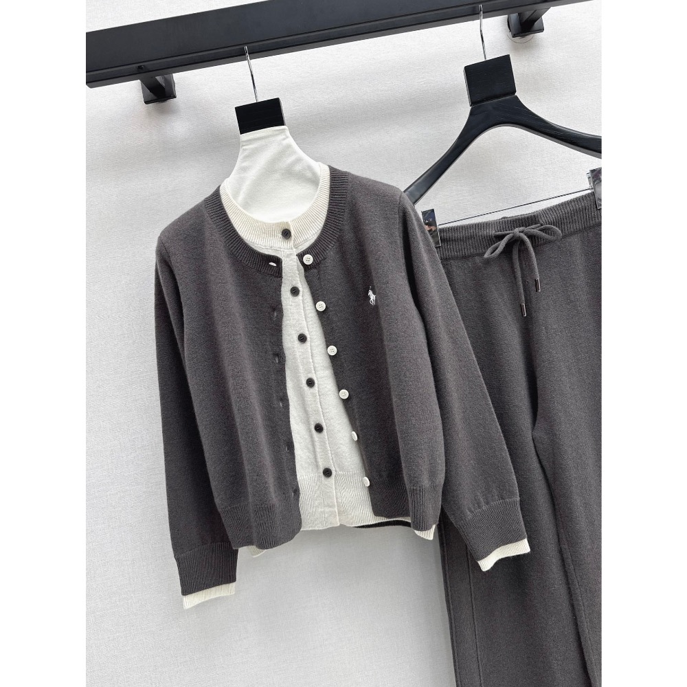 RL polo 套裝 針織外套 長褲 闊腿褲 休閒褲 清爽有氣質 慵懶羊毛套裝 假兩件經典刺繡針織開衫+鬆緊腰闊腿褲 百-細節圖8