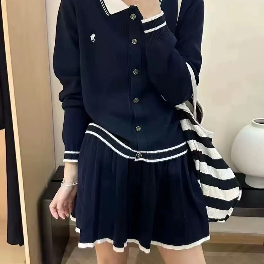 RL polo 針織套裝 小外套 短裙 針織上衣外套 裙子 百摺裙 休閒顯瘦拉長身形！清爽有氣質撞色翻領針織開衫+百褶半-細節圖2