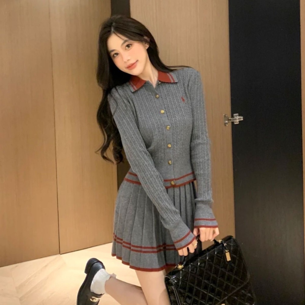 RL polo 針織套裝 小外套 短裙 針織上衣外套 裙子 百摺裙 休閒顯瘦拉長身形！清爽有氣質撞色翻領針織開衫+百褶半-細節圖3