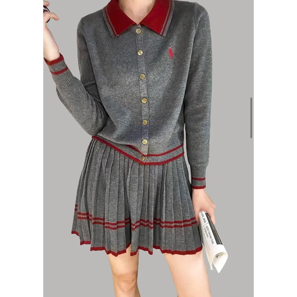 RL polo 針織套裝 小外套 短裙 針織上衣外套 裙子 百摺裙 休閒顯瘦拉長身形！清爽有氣質撞色翻領針織開衫+百褶半-細節圖4