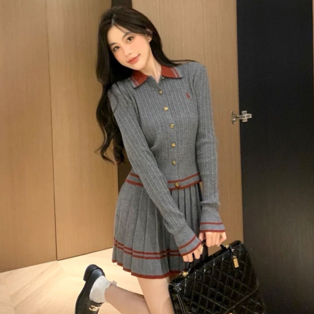 RL polo 針織套裝 小外套 短裙 針織上衣外套 裙子 百摺裙 休閒顯瘦拉長身形！清爽有氣質撞色翻領針織開衫+百褶半-細節圖5