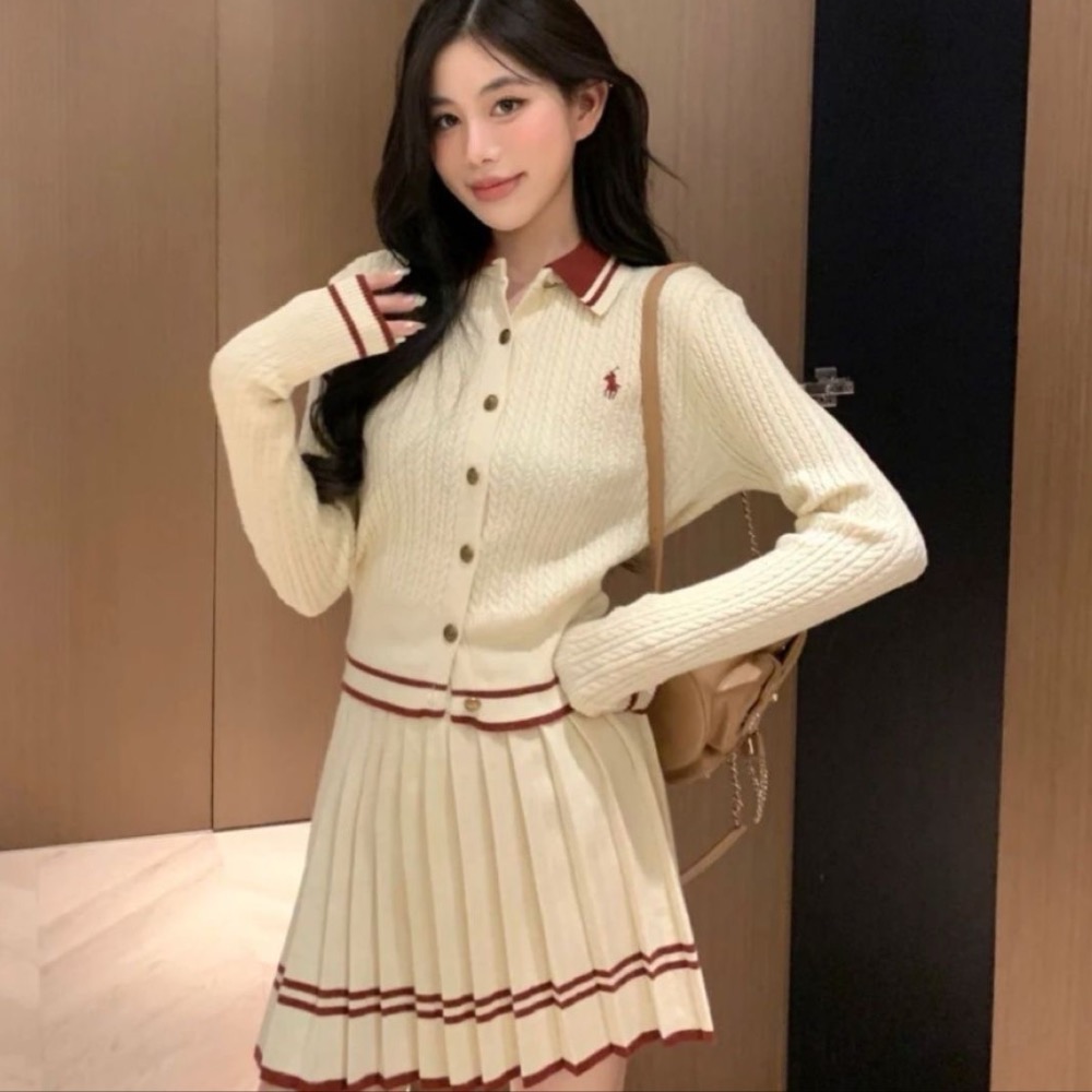 RL polo 針織套裝 小外套 短裙 針織上衣外套 裙子 百摺裙 休閒顯瘦拉長身形！清爽有氣質撞色翻領針織開衫+百褶半-細節圖7