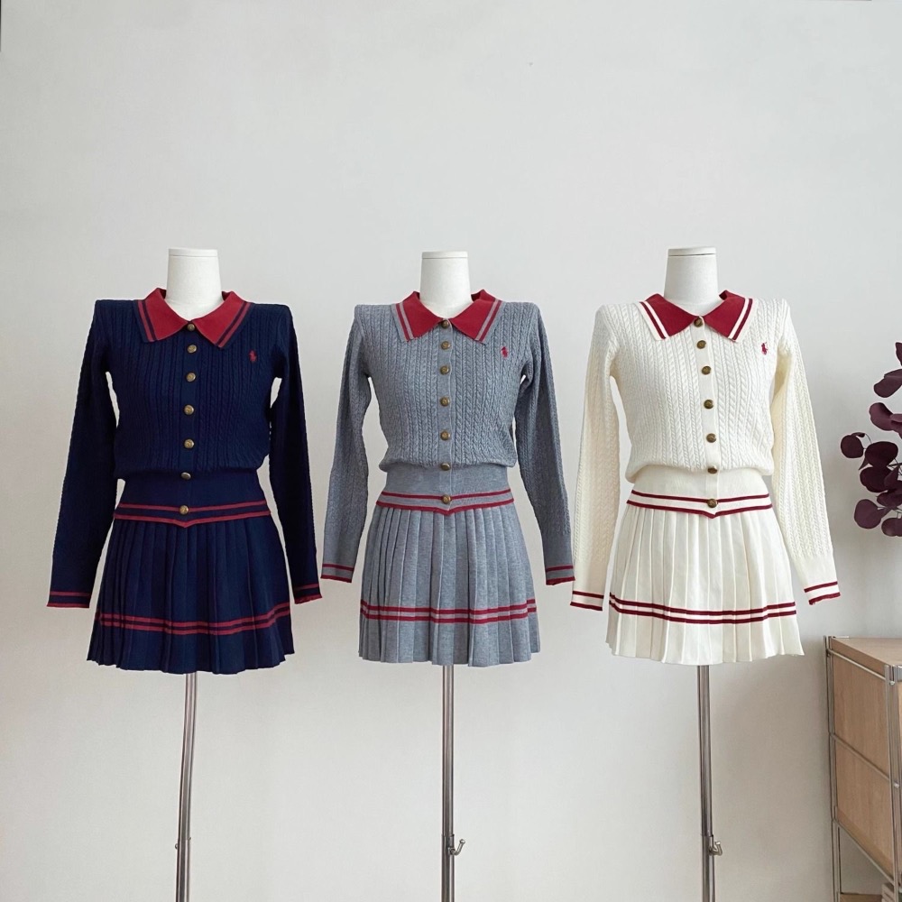 RL polo 針織套裝 小外套 短裙 針織上衣外套 裙子 百摺裙 休閒顯瘦拉長身形！清爽有氣質撞色翻領針織開衫+百褶半-細節圖8