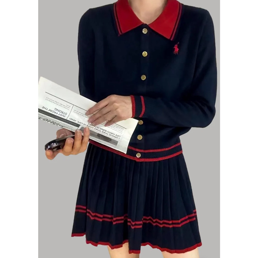 RL polo 針織套裝 小外套 短裙 針織上衣外套 裙子 百摺裙 休閒顯瘦拉長身形！清爽有氣質撞色翻領針織開衫+百褶半-細節圖9