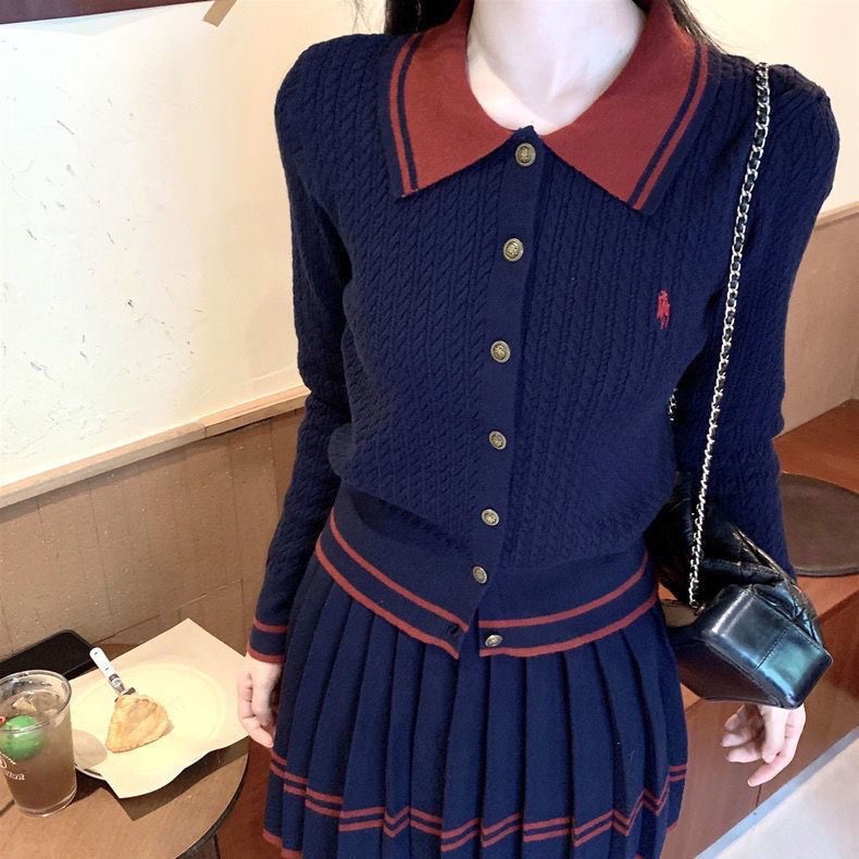 RL polo 針織套裝 小外套 短裙 針織上衣外套 裙子 百摺裙 休閒顯瘦拉長身形！清爽有氣質撞色翻領針織開衫+百褶半-細節圖10