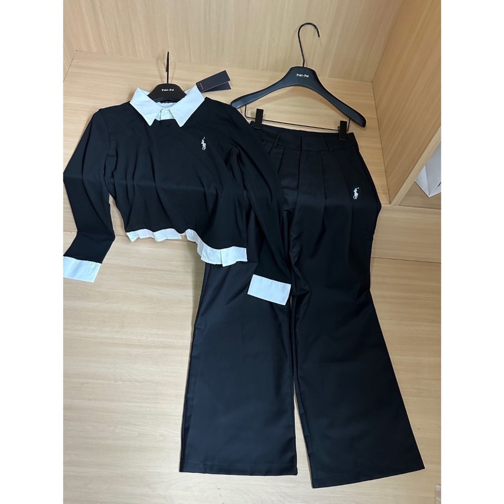 RL polo 套裝 針織衫 闊腿褲 休閒褲 裙子 短裙 返校生假兩件襯衫領拼接毛衣設計 秋冬針織衫 清爽有氣質  XS-細節圖4