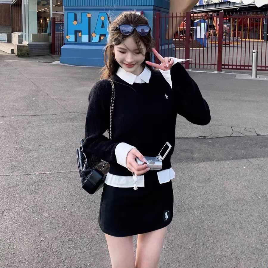 RL polo 套裝 針織衫 闊腿褲 休閒褲 裙子 短裙 返校生假兩件襯衫領拼接毛衣設計 秋冬針織衫 清爽有氣質  XS-細節圖7
