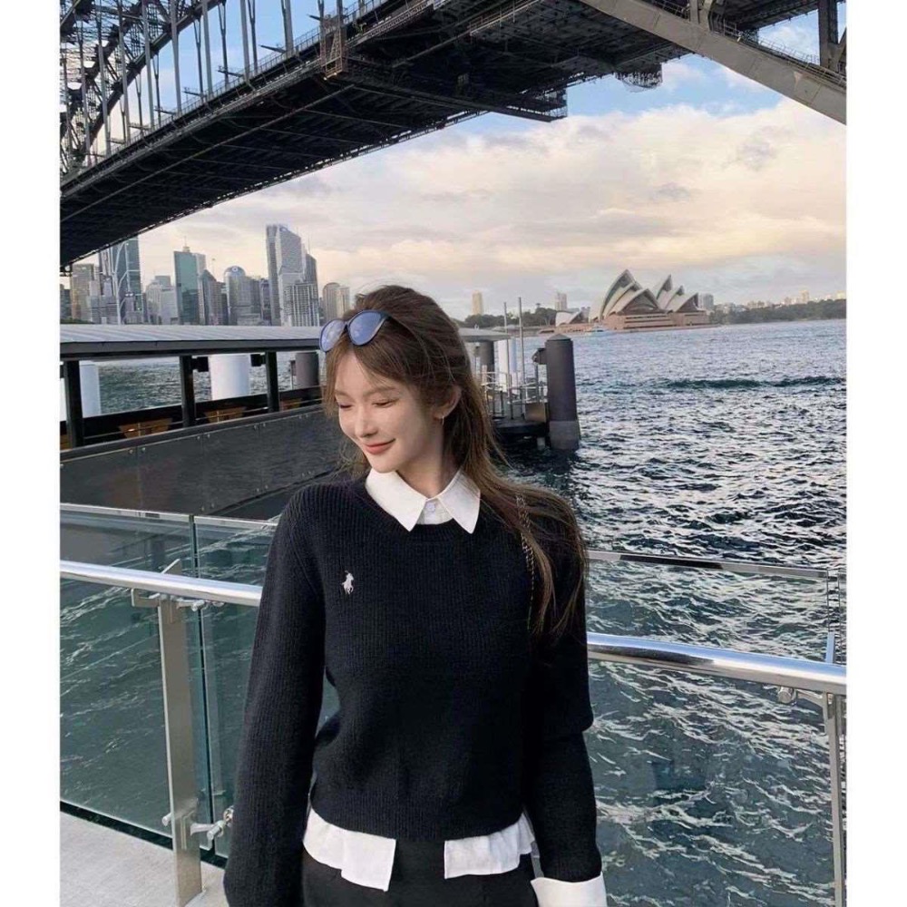 RL polo 套裝 針織衫 闊腿褲 休閒褲 裙子 短裙 返校生假兩件襯衫領拼接毛衣設計 秋冬針織衫 清爽有氣質  XS-細節圖8
