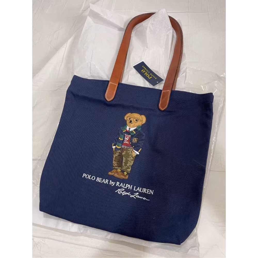 RL polo 托特包 購物袋 手提包 肩背包 大包，刺繡小熊帆布包 可愛萌個性熊bear通勤外出都方便 好氣質  下單-細節圖3