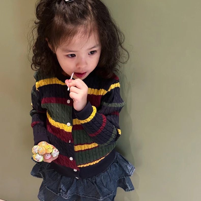 RL polo 針織衫 小外套 毛衣 好氣質小馬標毛衣外套 親子裝 兒童針織開襟衫 溫馨不對稱撞色條紋針織衫 圓領開襟衫-細節圖2