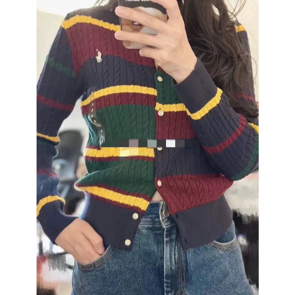 RL polo 針織衫 小外套 毛衣 好氣質小馬標毛衣外套 親子裝 兒童針織開襟衫 溫馨不對稱撞色條紋針織衫 圓領開襟衫-細節圖9