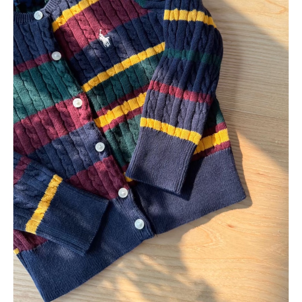 RL polo 針織衫 小外套 毛衣 好氣質小馬標毛衣外套 親子裝 兒童針織開襟衫 溫馨不對稱撞色條紋針織衫 圓領開襟衫-細節圖10