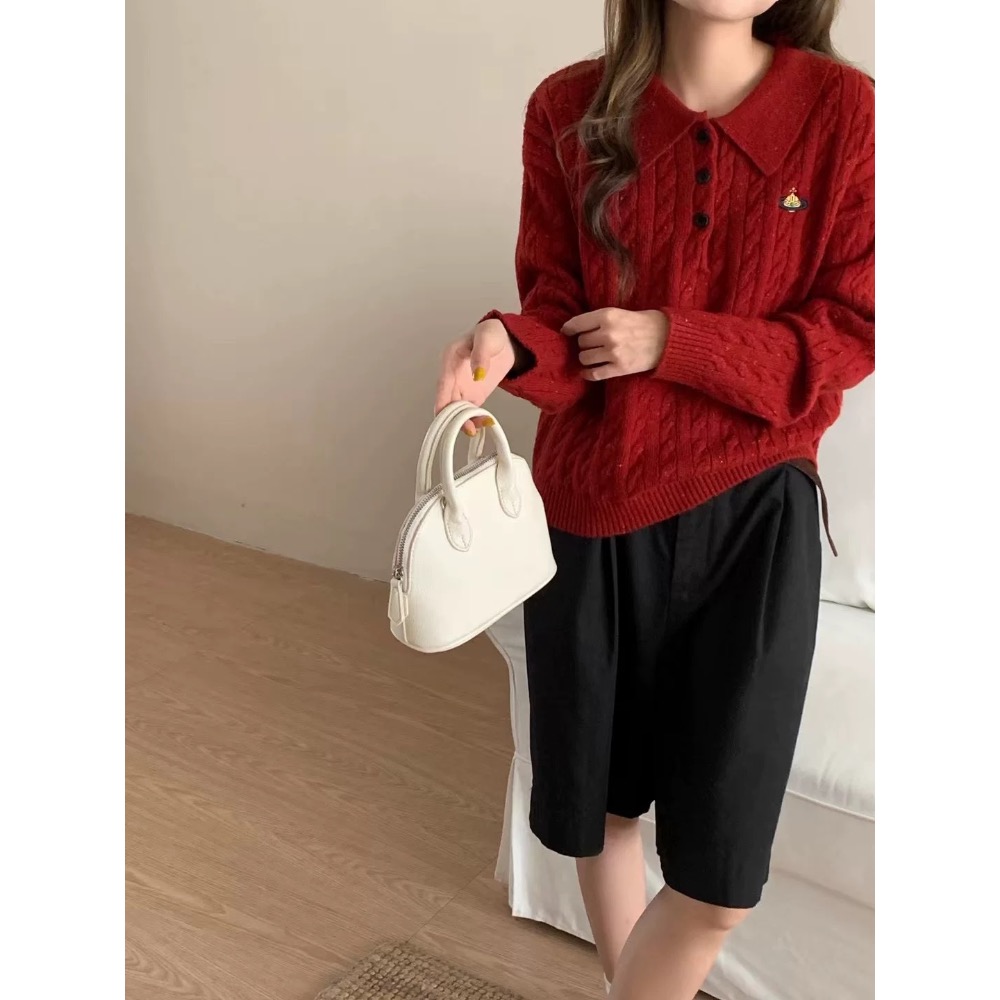 Vivienne Westwood 針織衫 顯瘦針織毛衣上衣  刺繡麻花polo領羊毛針織衫 休閒毛衣 經典土星簡約百搭-細節圖2